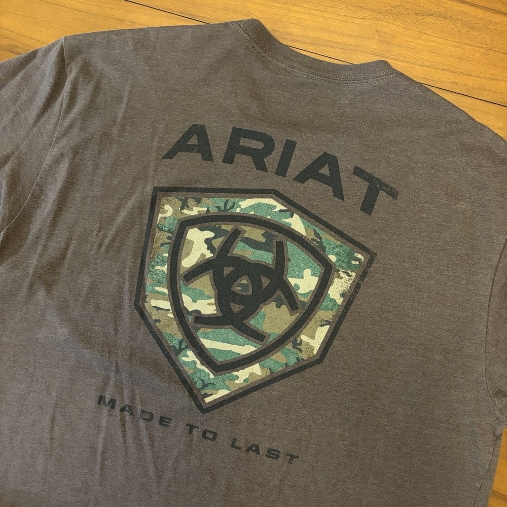 Ariat Artillery Camo Shield Logo T-Shirt Mens XL Brown Short Sleeve Made To Last